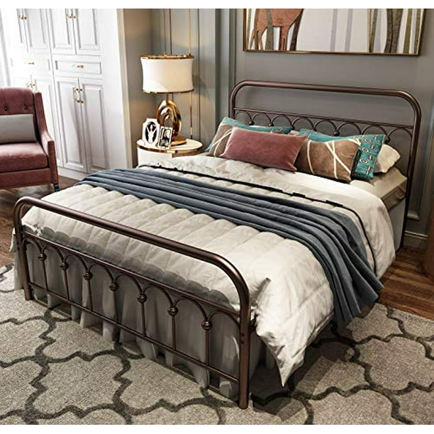 Metal Bed Frame Twin Size with Vintage Headboard and Footboard Platform Base Wrought Iron Double Bed Frame Antique Brown Twin, Antique Brown